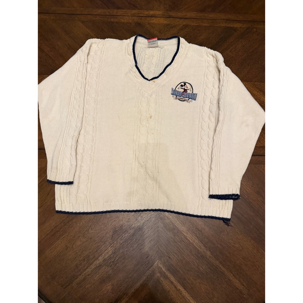 Vintage Mickey Inc Disney World Reunion Cable Knit Sweater Cream Navy V-Neck XL